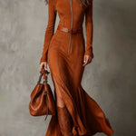 Vintage Brown Zipper Belted Maxi Dress（Includes belt）
