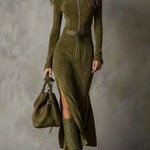 Vintage Brown Zipper Belted Maxi Dress（Includes belt）