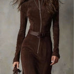 Brown Vintage Zipper Belted Midi Dress（Includes belt）