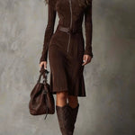 ROWENO BROWN VINTAGE ZIPPER BELTED MIDI DRESS (INCLUDES BELT)