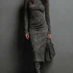 SERAPHINA HIGH NECK LONG SLEEVE SUEDE MIDI DRESS