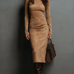 High Neck Long Sleeve Suede Midi Dress