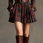 Vintage Lapel Red and Brown Plaid Mini Dress（Includes belt）