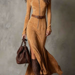 Vintage Brown Zipper Belted Maxi Dress（Includes belt）