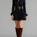 Vintage Lapel Red and Brown Plaid Mini Dress（Includes belt）