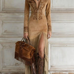 OPHELIO WESTERN HALF-ZIP EMBROIDERED FAUX SUEDE FRINGE MAXI DRESS