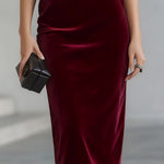 DRAMATIC BURGUNDY VELVET BOW MIDI DRESS