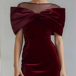 DRAMATIC BURGUNDY VELVET BOW MIDI DRESS