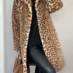 Stylish Leopard Print Lapel Faux Fur Mid-length Coat