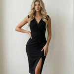 Black Solid Ruched V-Neck Sleeveless Slit Bodycon Midi Dress