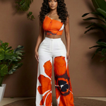 Floral Print One Shoulder Crop Top  Wide Leg Pants Set