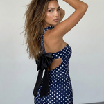 Polka Dot Strapless Choker Neck Bodycon Midi Dress with Bow