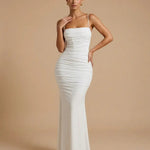 White Spaghetti Strap Ruched Backless Mermaid Maxi Dress