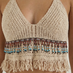 Elegant Light Blue Crochet Halter Top with Fringe