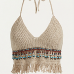 Elegant Light Blue Crochet Halter Top with Fringe