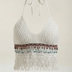 Elegant Light Blue Crochet Halter Top with Fringe