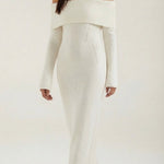 Quinlan fitted maxi dress with off-the-shoulder sleeves