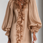 Ruffled Puff-Sleeve Loose Straight-Cut Mini Dress
