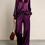 Womens Satin Stand Collar Button Down Shirt High Waist Wide Leg Trousers Luxury Purple Two Piece Set Outfit