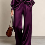 Womens Satin Stand Collar Button Down Shirt High Waist Wide Leg Trousers Luxury Purple Two Piece Set Outfit