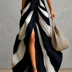 Women Collared Wrap Maxi Dress, Tie Waist Color Block High Slit Flowy Party Maxi Dress