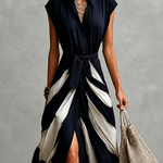 Women Collared Wrap Maxi Dress, Tie Waist Color Block High Slit Flowy Party Maxi Dress