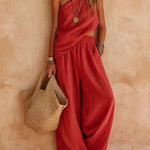 Pink One-shoulder Sleeveless Top And Pants Casual Set